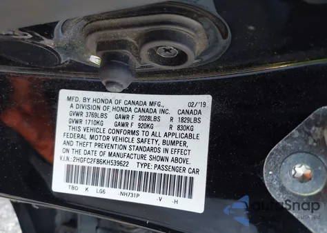 2019 Honda Civic Sport from USA, damaged, VIN 2HGFC2F86KH539622